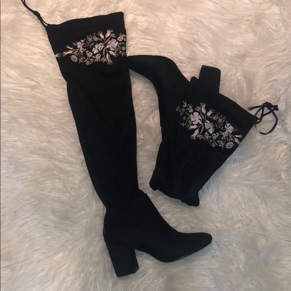 Knee high embroidered sock boots